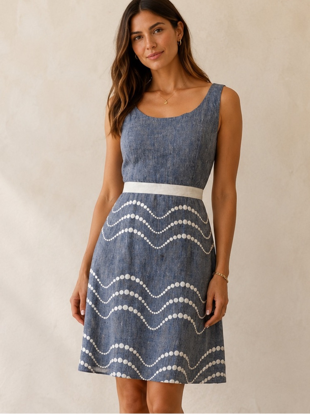 Boden Linen Blue A-Line Denim Dress with White Wave Dot Trim Cotton Lined US 6L